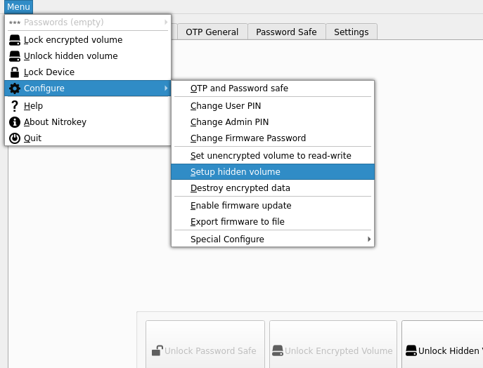 menu containing the hidden volume setup utility.